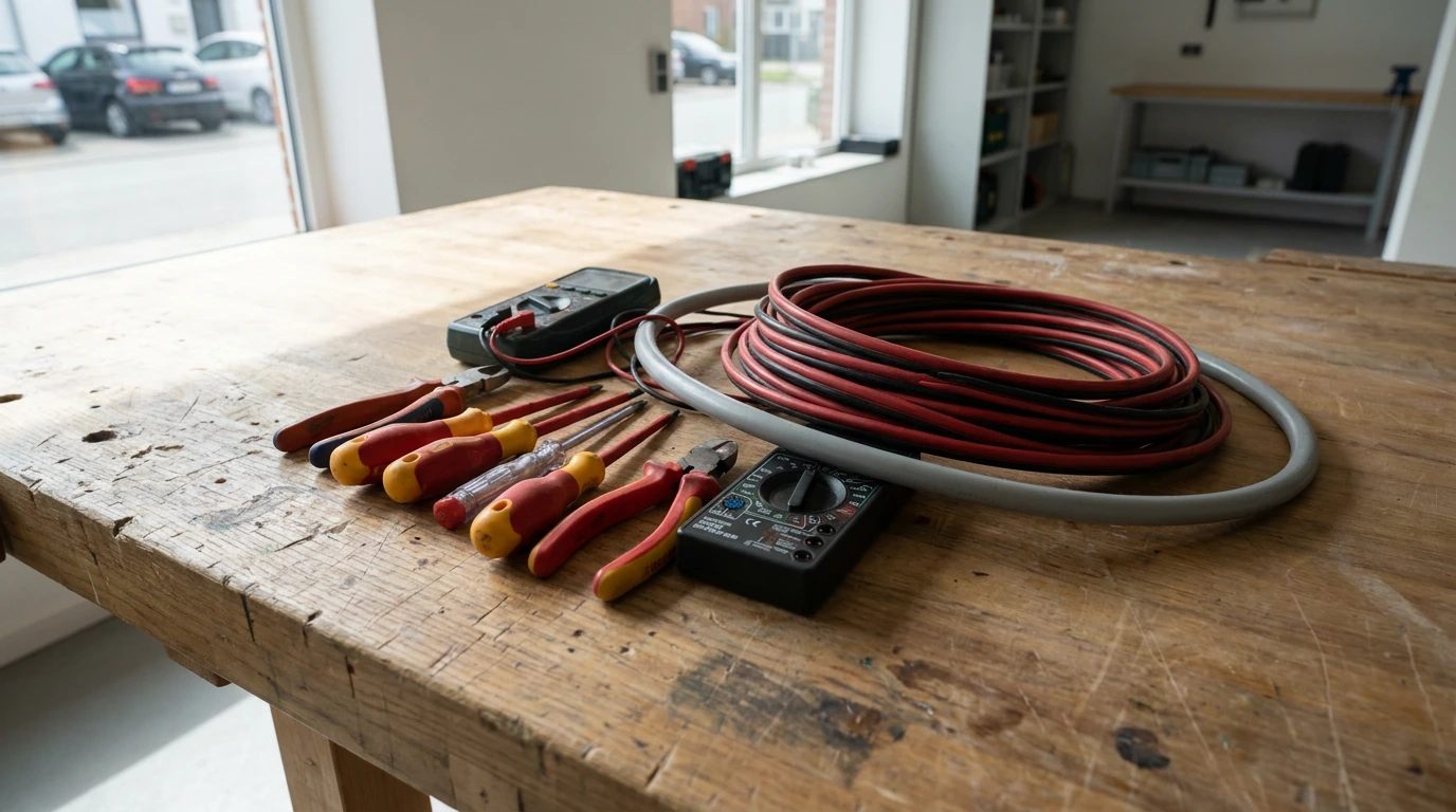 Electrician tool kit laid out on a workbench