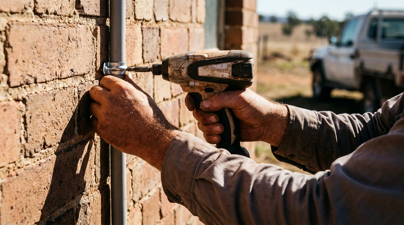 Electrician fixing conduit saddles to a brick wall in Cessnock