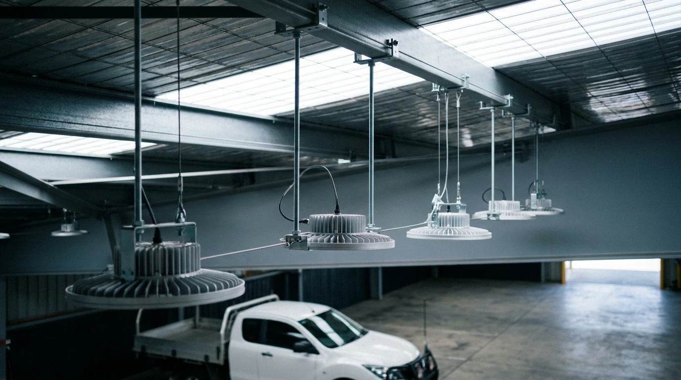 High-bay LED lighting installed in a warehouse