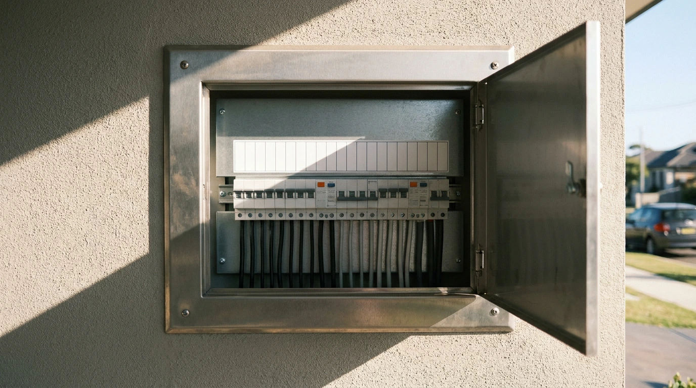 Upgraded residential switchboard with circuit breakers and RCD safety switches in an outdoor meter box