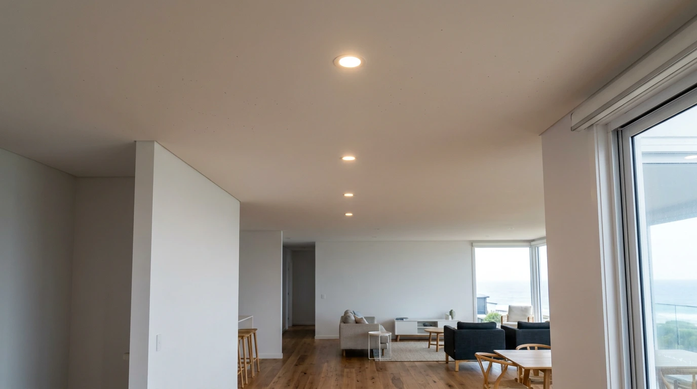 LED downlights installed in the ceiling of an open-plan coastal living area