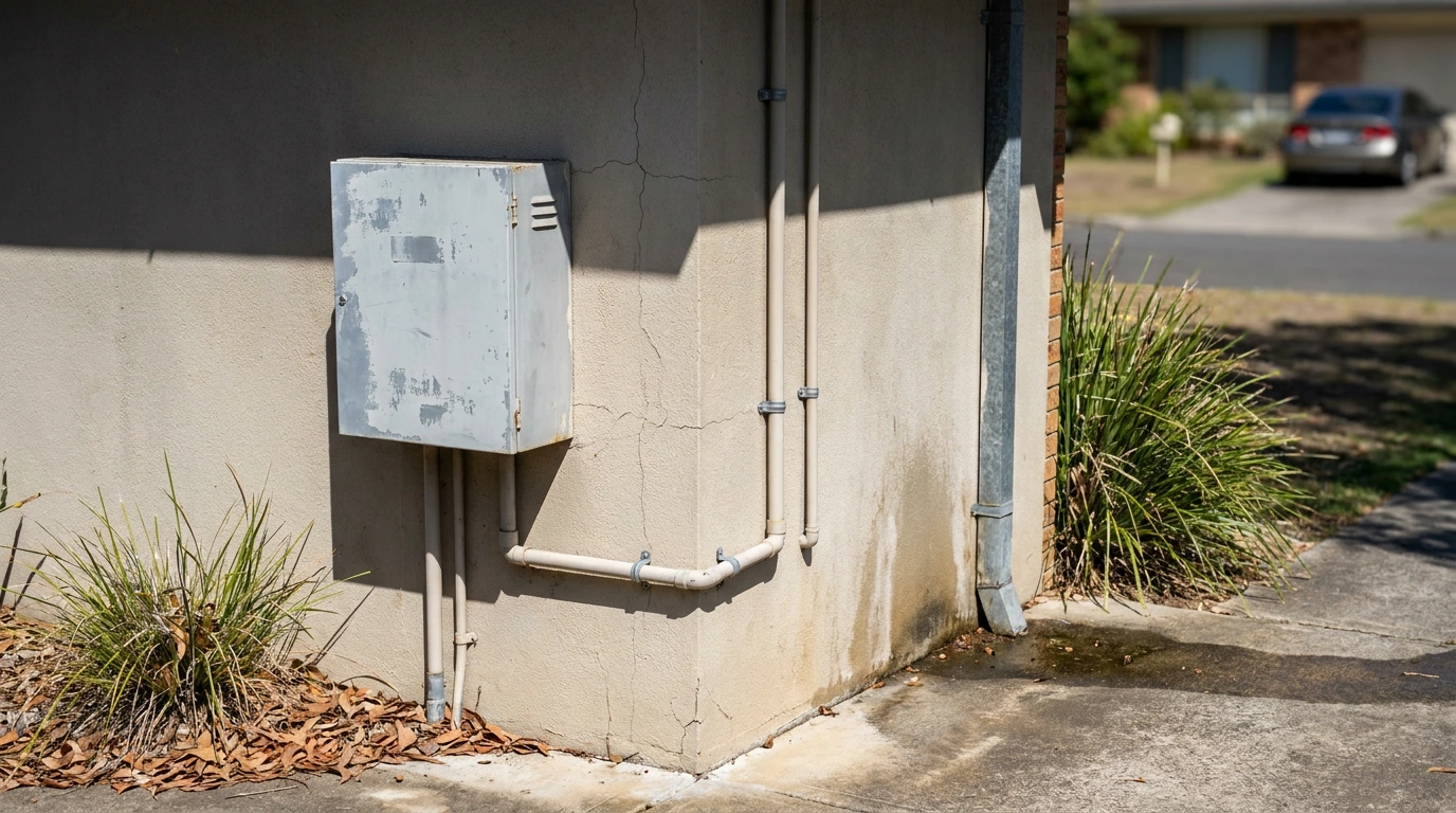 Exterior meter box and conduit run on a suburban home