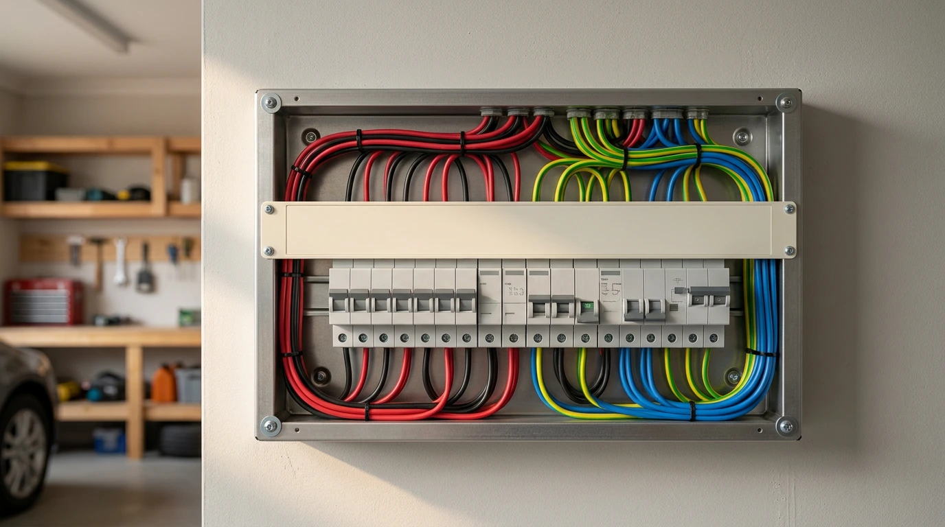 Residential distribution board with neat cable management and labelled breakers