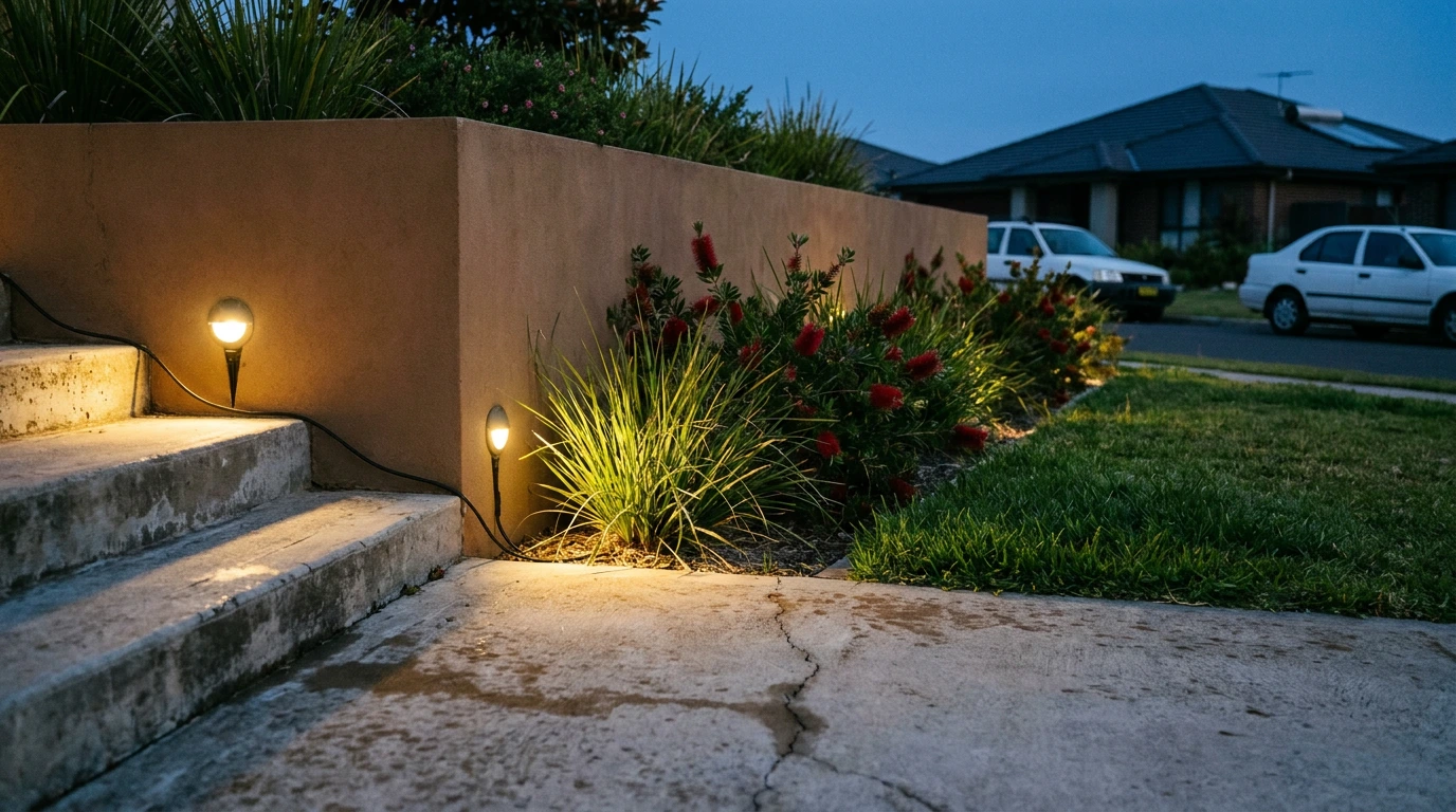 Garden and pathway lighting installed at a Toronto NSW home