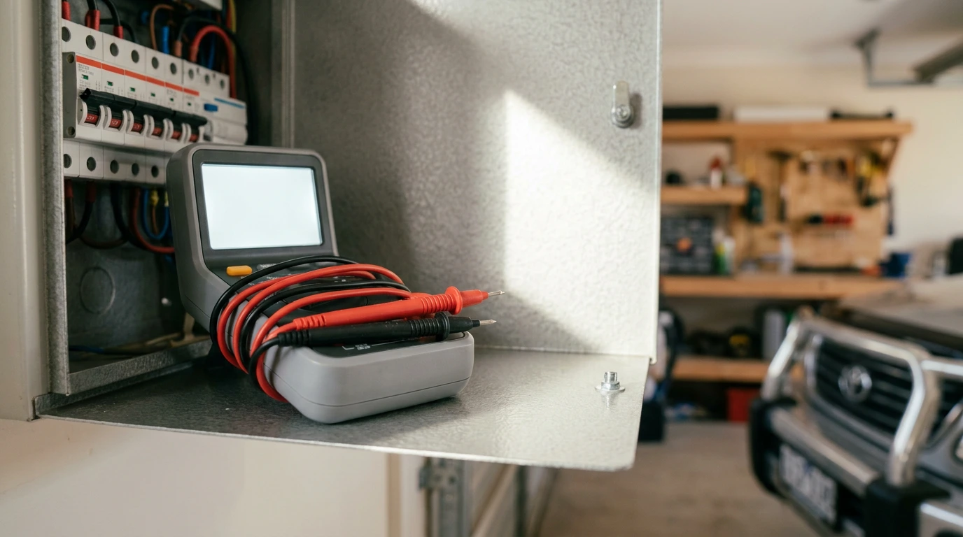 Multimeter and test leads resting on an open residential switchboard