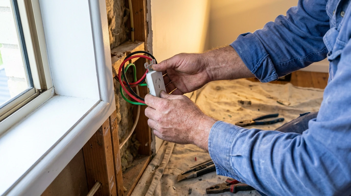 Electrician wiring a double power point in Warners Bay