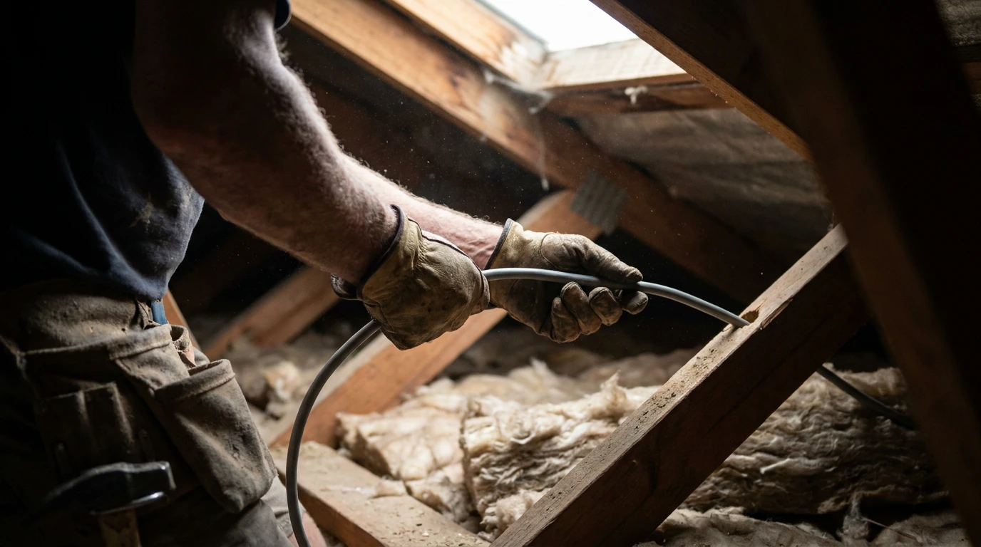 Electrician running cable through a residential roof space